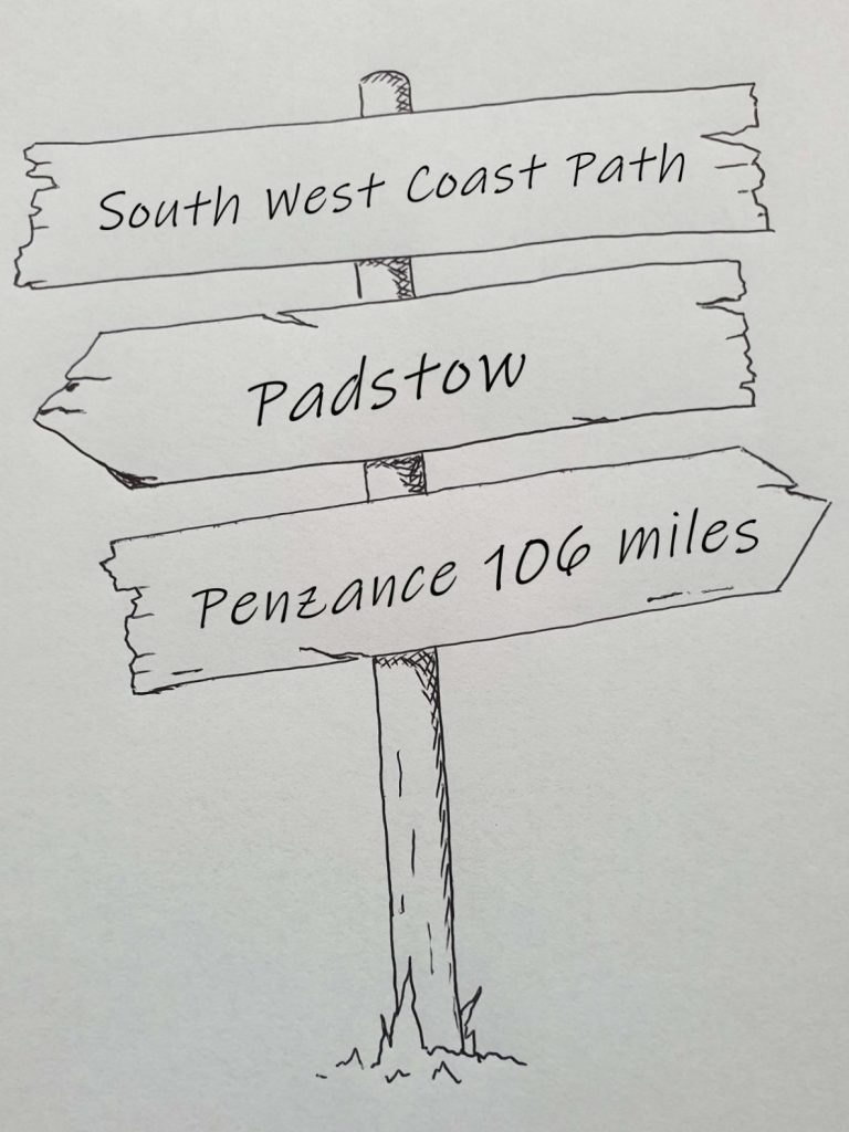 Line drawing of finger post showing Padstow to Penzance 106 miles