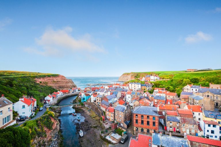 Ariel view over the colourful Village of Staithes