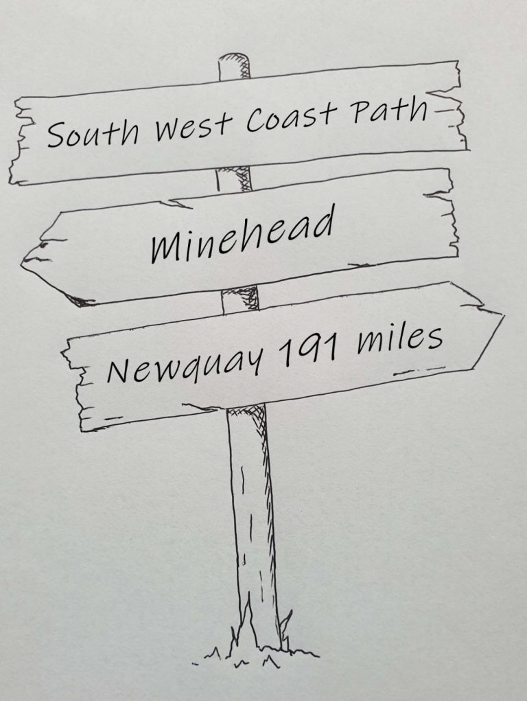 Line drawing of finger post Minehead to Newquay 191 miles