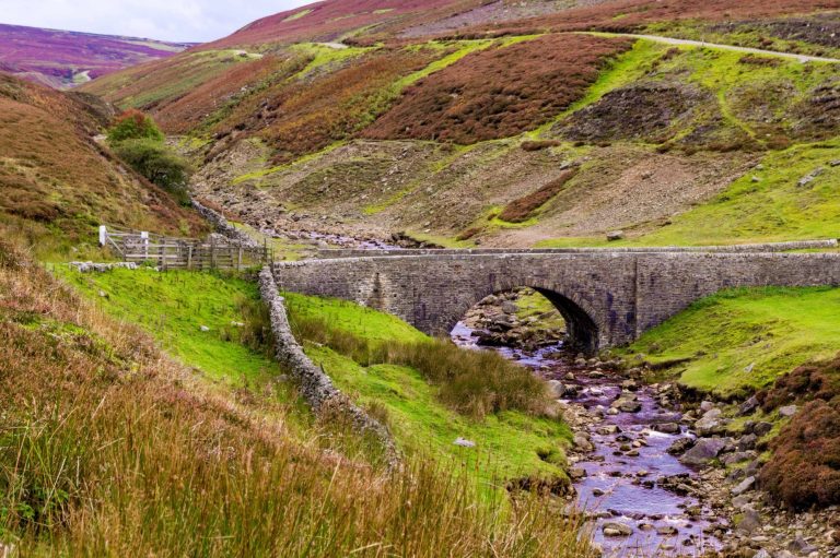 Stone bridge and stone walls on the North Yorkshire Moors with purple heather on the hills