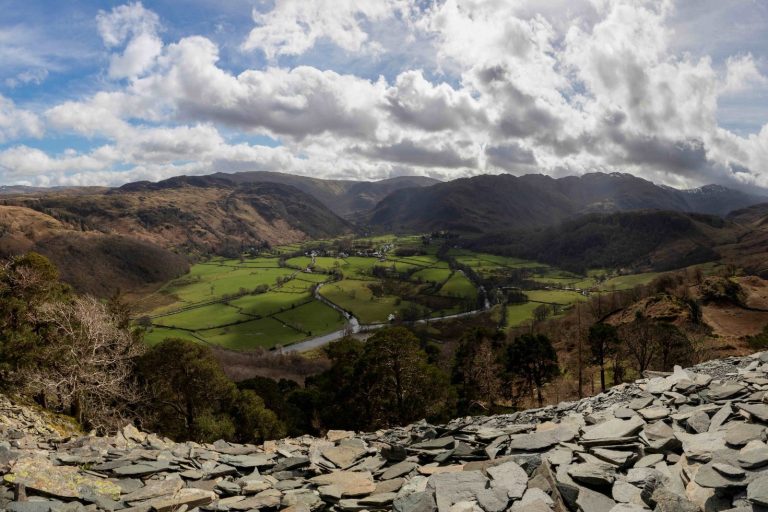 Borrowdale looking over the surrounding landscape of mountains. 