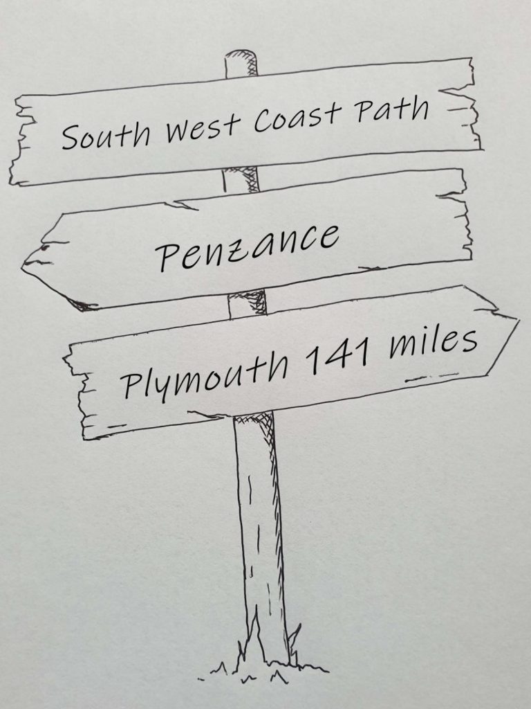 Line drawing of finger post showing Penzance to Plymouth 141 miles