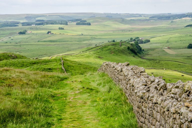 Hadrian's Wall going off into the distance, over green fields.