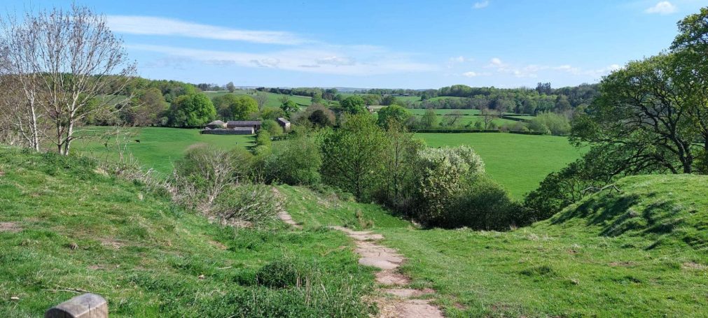 The Hadrian's Wall path leading into the distance past farm buildings