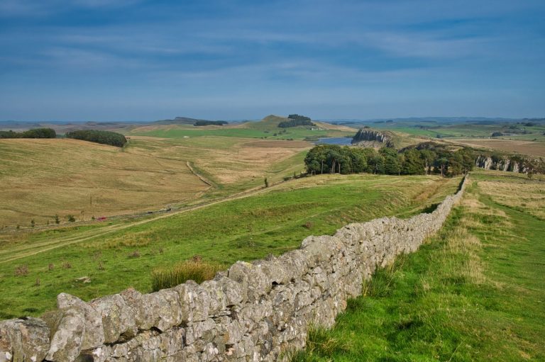 View over the landscape of Hadrin's wall showing the diverse scenery.
