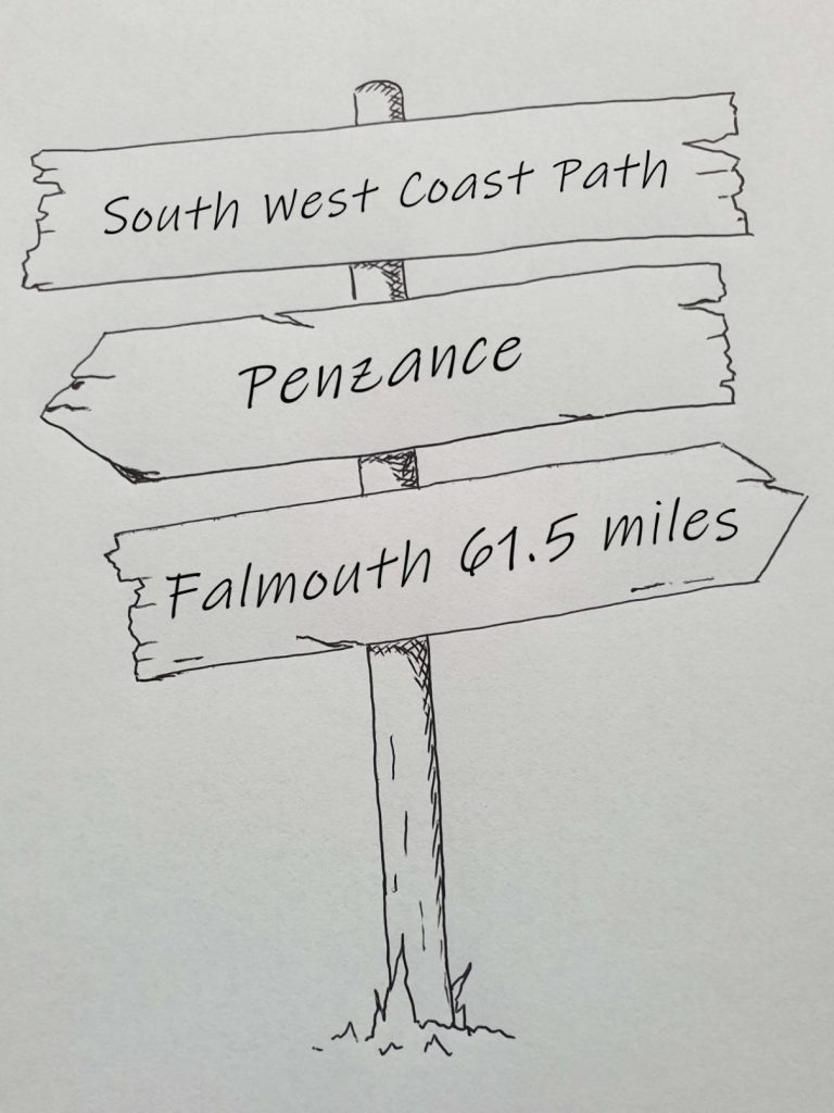 Line drawing of finger post for penzance to Falmouth 61.5 miles