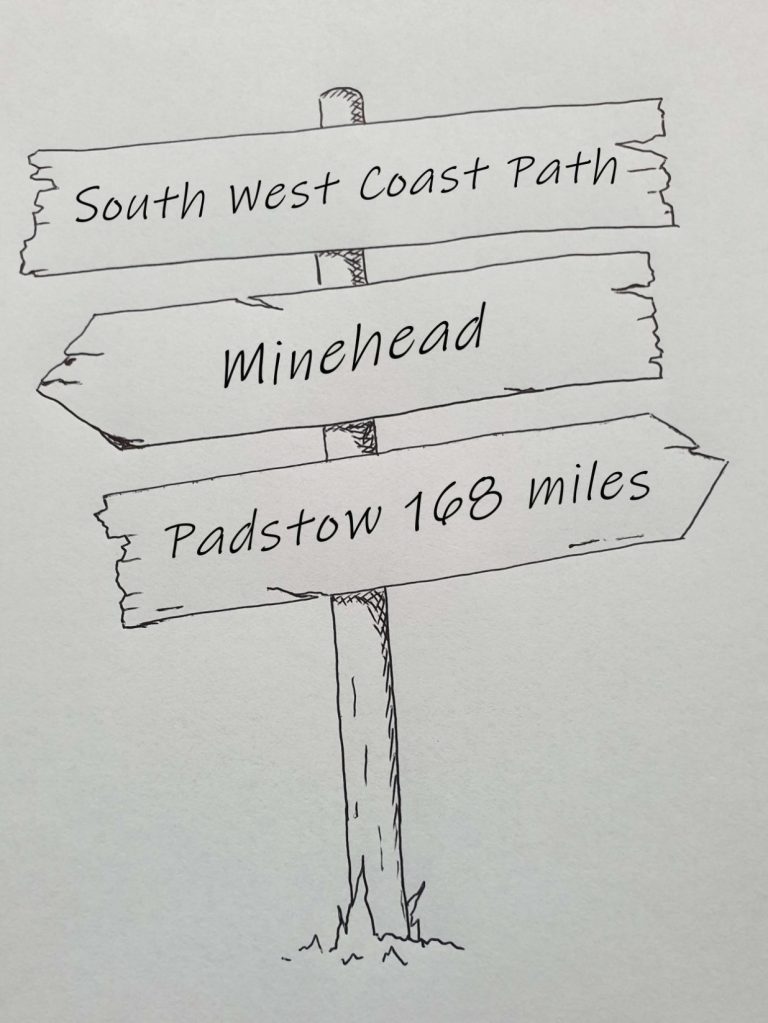 line drawing of finger post Minehead to Padstow 168 miles