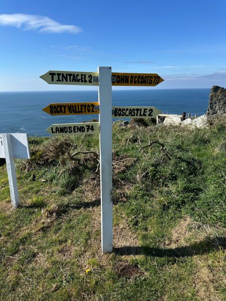 Wooden sign post showing distance to Boscastle and Tintagel