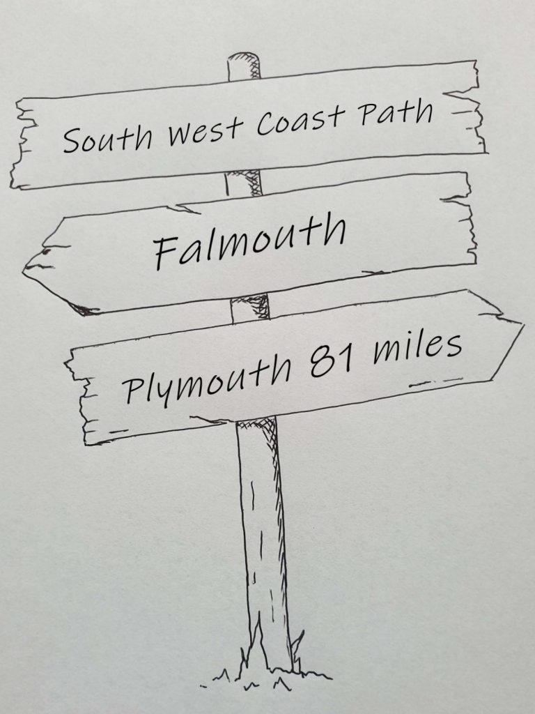 Line drawing of finger post for Falmouth to Plymouth 81 miles