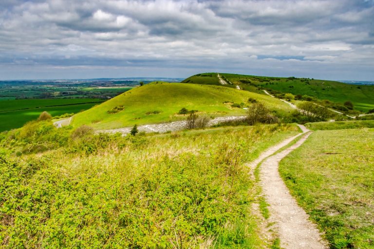 Looking over green fields to follow the Ridgeway path to Ivinghoe Beacon