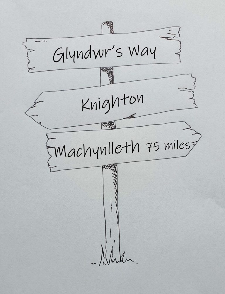 Hand drawn signpost showing Glyndwr's Way, knighton to Machynlleth 75 miles